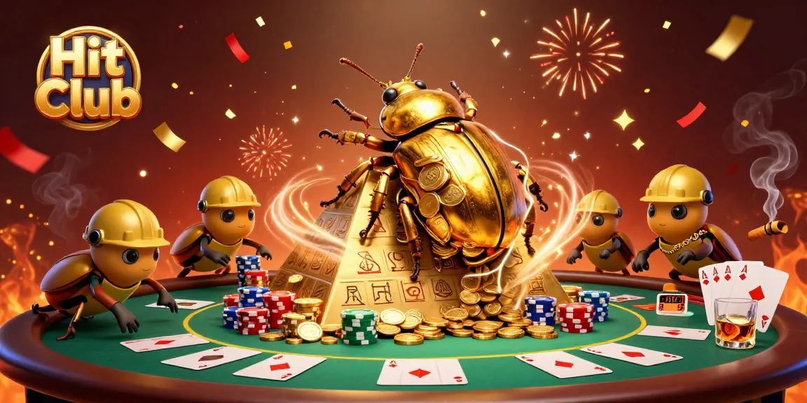 Join the excitement at Hit Club with a golden beetle rolling coins in a vibrant casino scene.