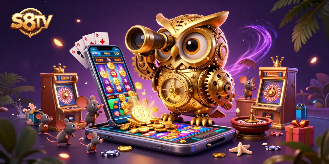 S8TV offers an immersive fantasy casino experience with a stunning 3D illustration featuring a golden owl and dynamic game elements.